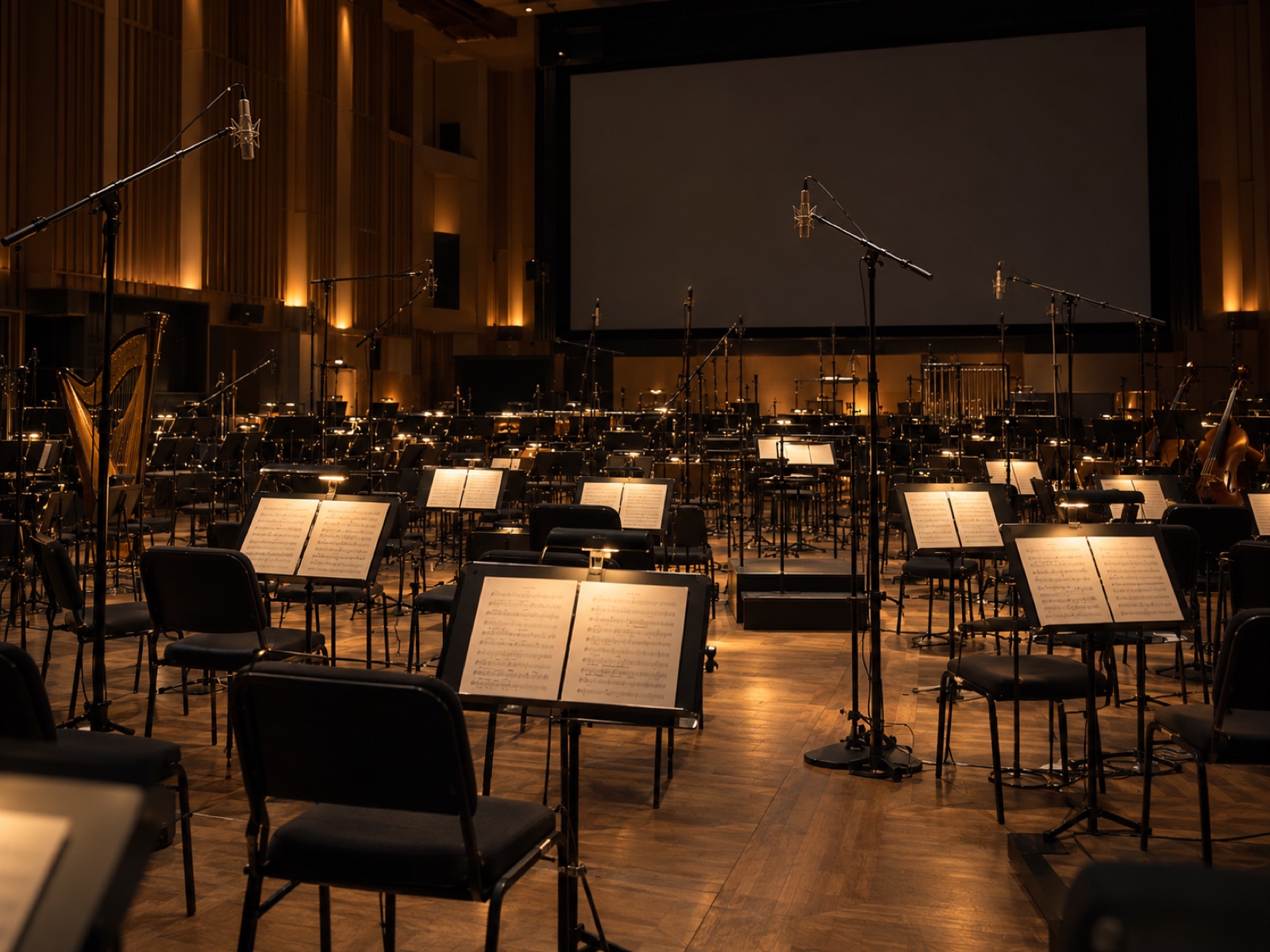 Orchestral scoring stage with music stands, chairs and microphones between takes